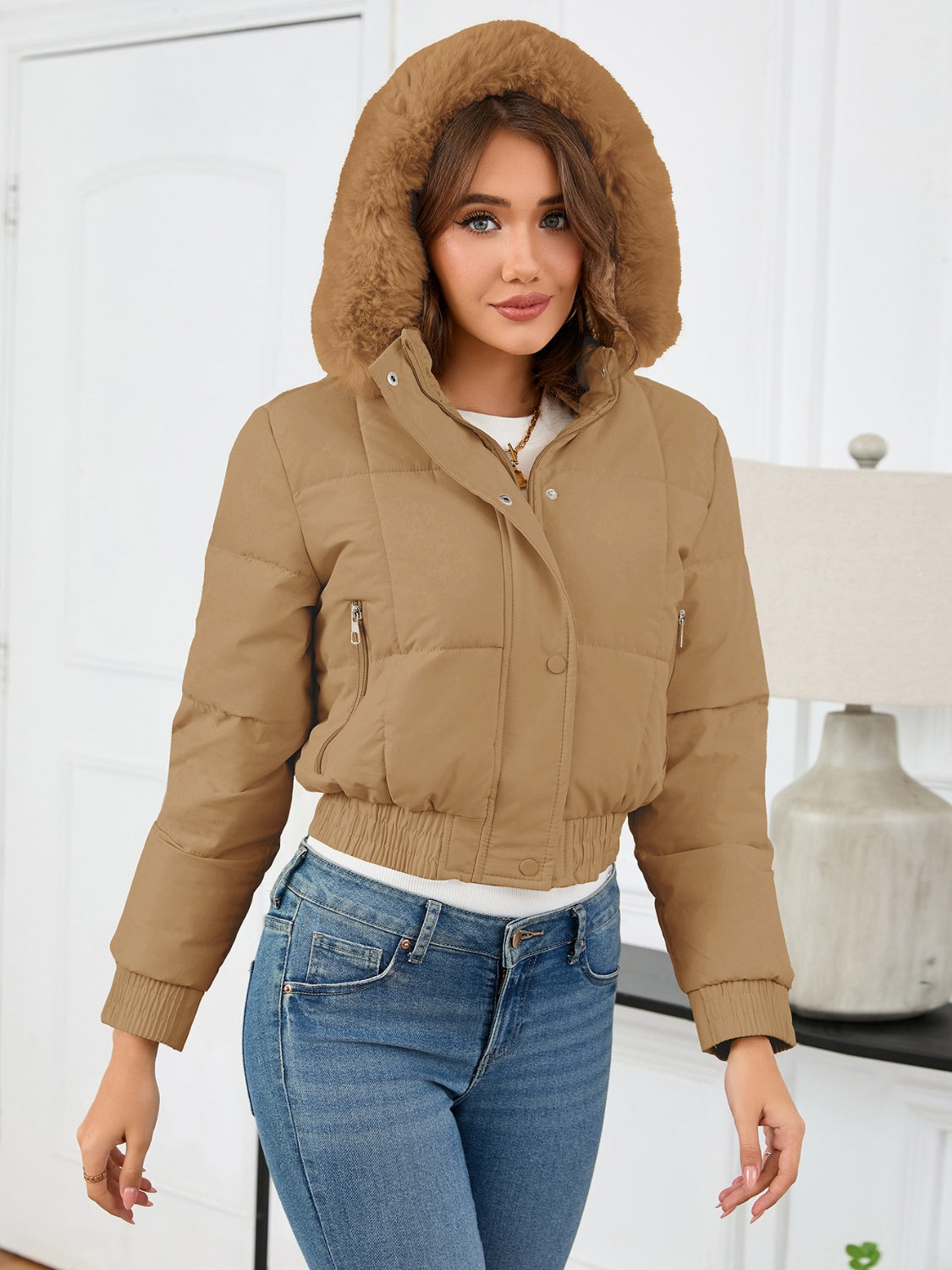 Pocketed Long Sleeve Cropped Hooded Winter Coat - T - 4 COLORS -