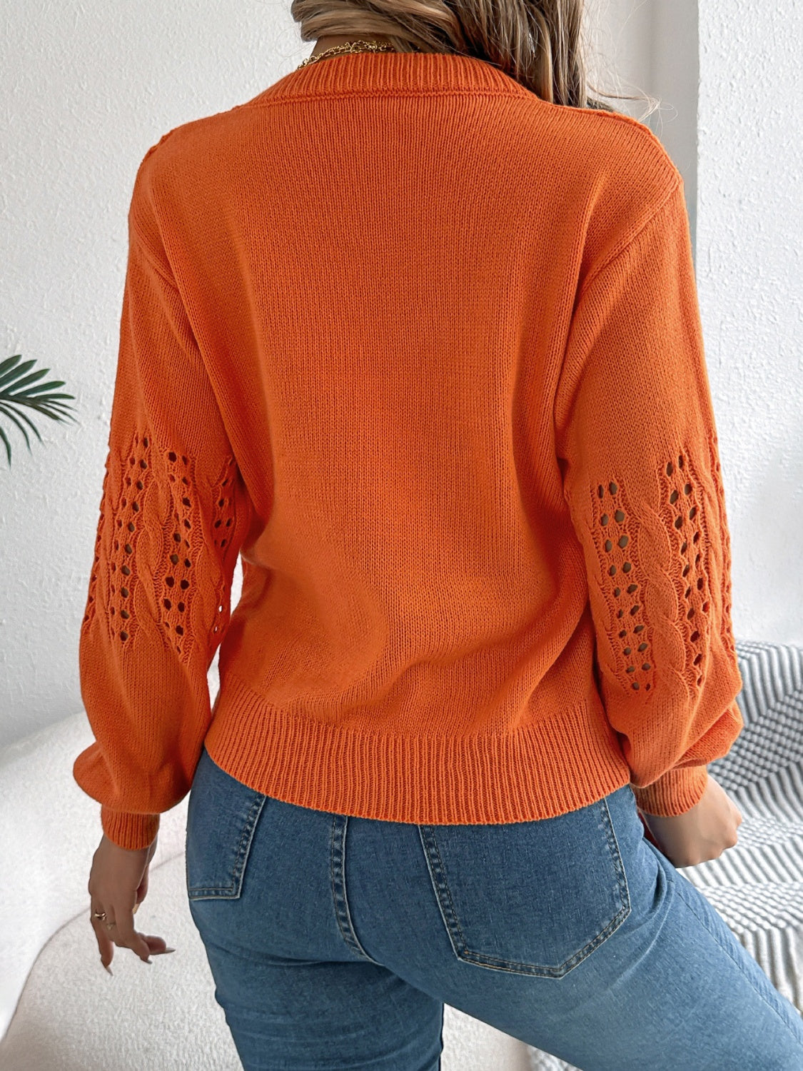 Openwork Round Neck Long Sleeve Sweater - T - 3 COLORS -