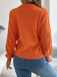 Thumbnail for Openwork Round Neck Long Sleeve Sweater - T - 3 COLORS -