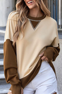 Thumbnail for Color Block Round Neck Long Sleeve Sweatshirt - T - 3 COLORS -