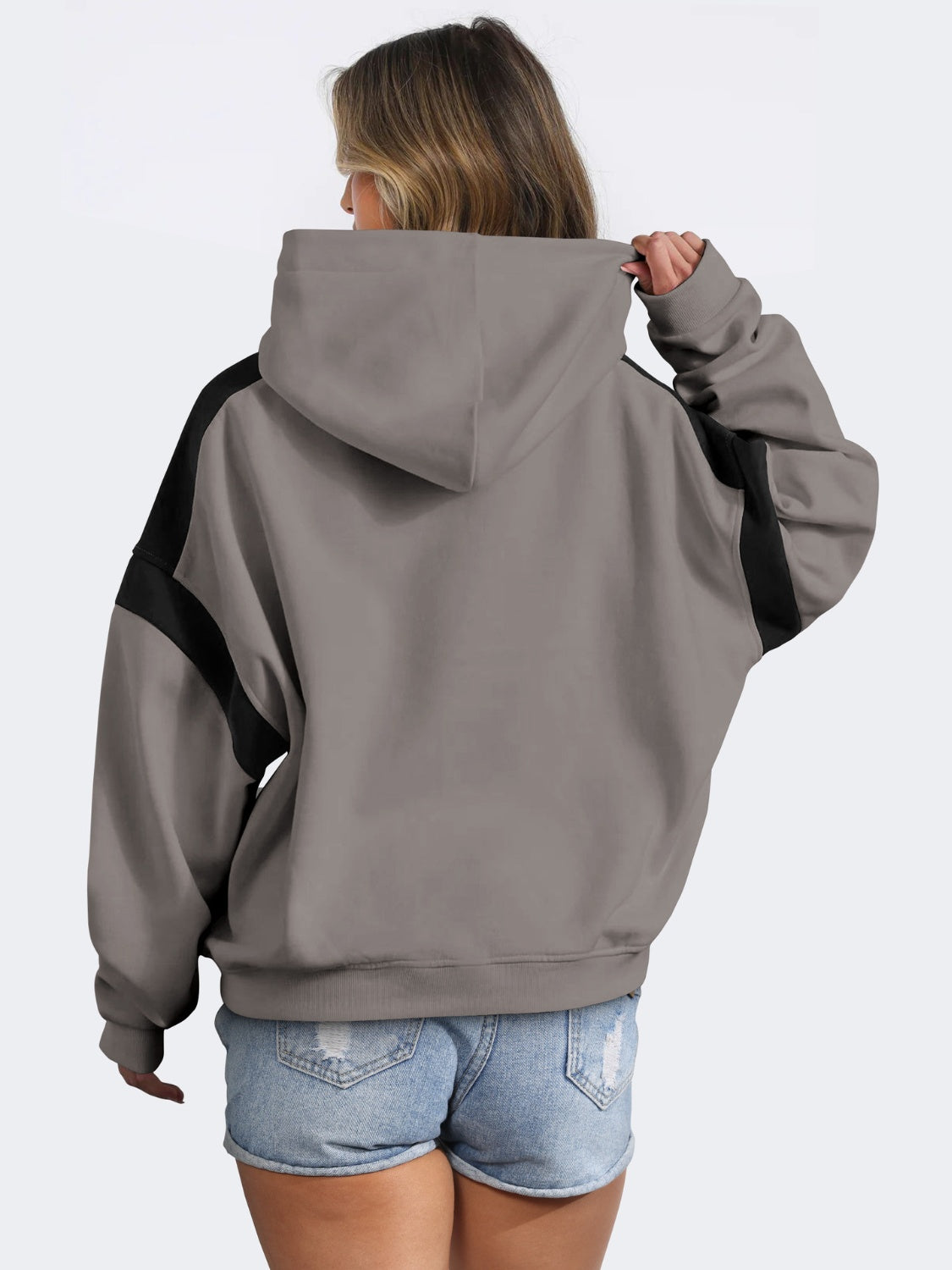 Contrast Dropped Shoulder Long Sleeve Hoodie - T - 6 COLORS -