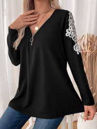 Thumbnail for Perfee Lace Detail Quarter Zip Long Sleeve Top - T - 1 COLOR -