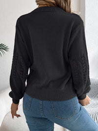 Thumbnail for Openwork Round Neck Long Sleeve Sweater - T - 3 COLORS -