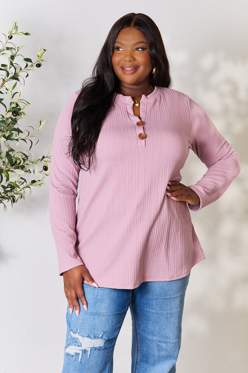 Celeste Full Size Texture Half Button Long Sleeve Blouse - SIZES S THRU 3XL - T - 1 COLOR -