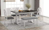 Thumbnail for Mid-Century 6-Piece Trestle Table Set With Victorian Round Upholstered Dining Chairs and Long Bench, Gray+Antique White