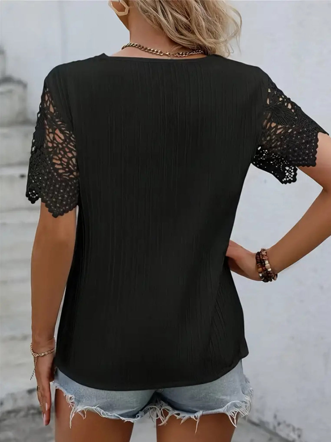 Lace Detail V-Neck Short Sleeve Blouse - T - 4 COLORS -