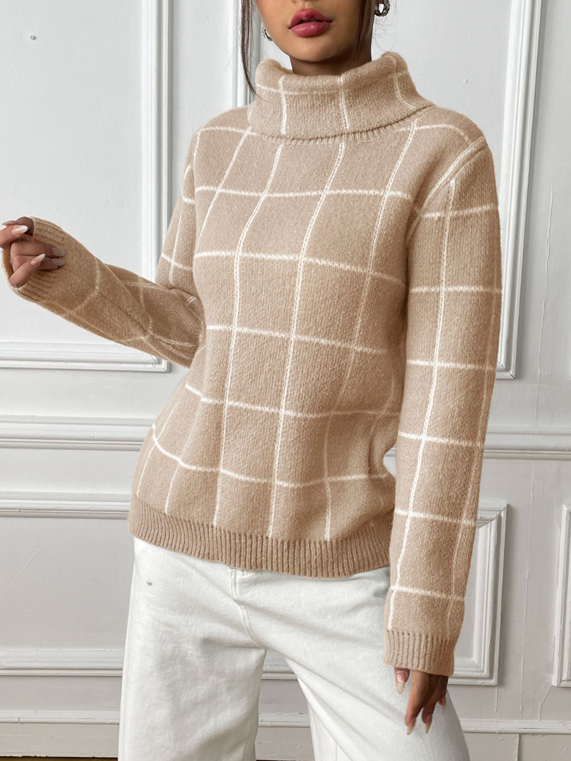 Plaid Turtleneck Long Sleeve Sweater - T - 3 COLORS -