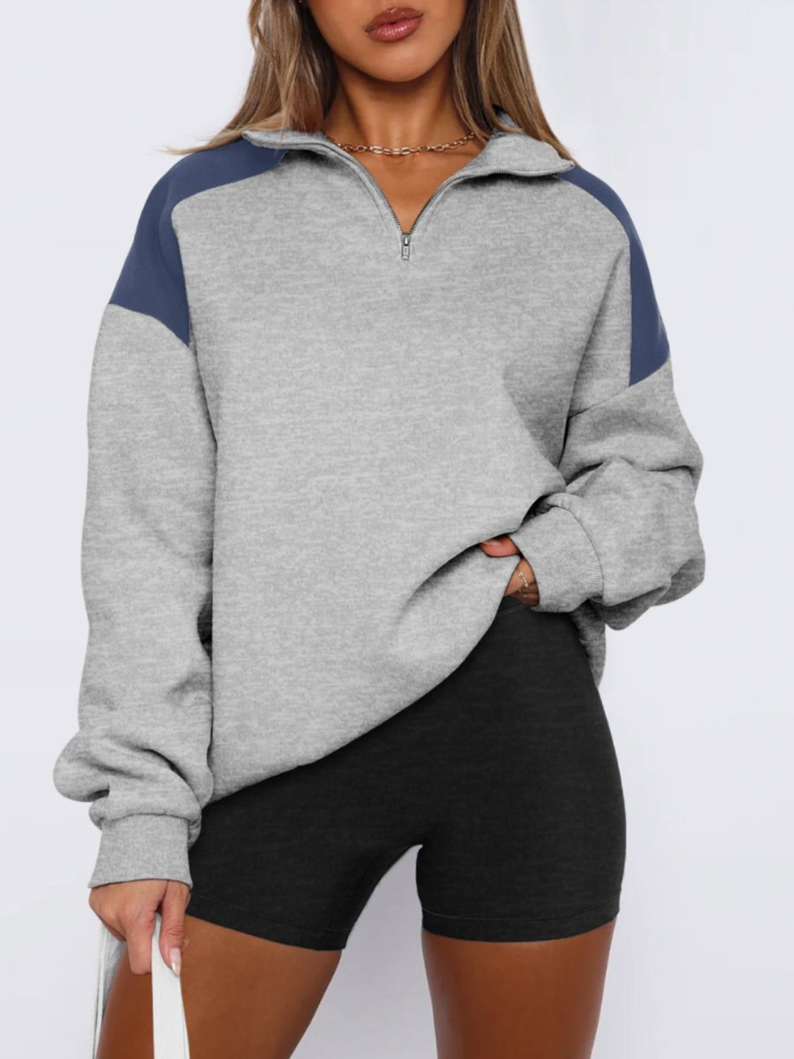 Contrast Quarter Zip Long Sleeve Sweatshirt - T - 4 COLORS -