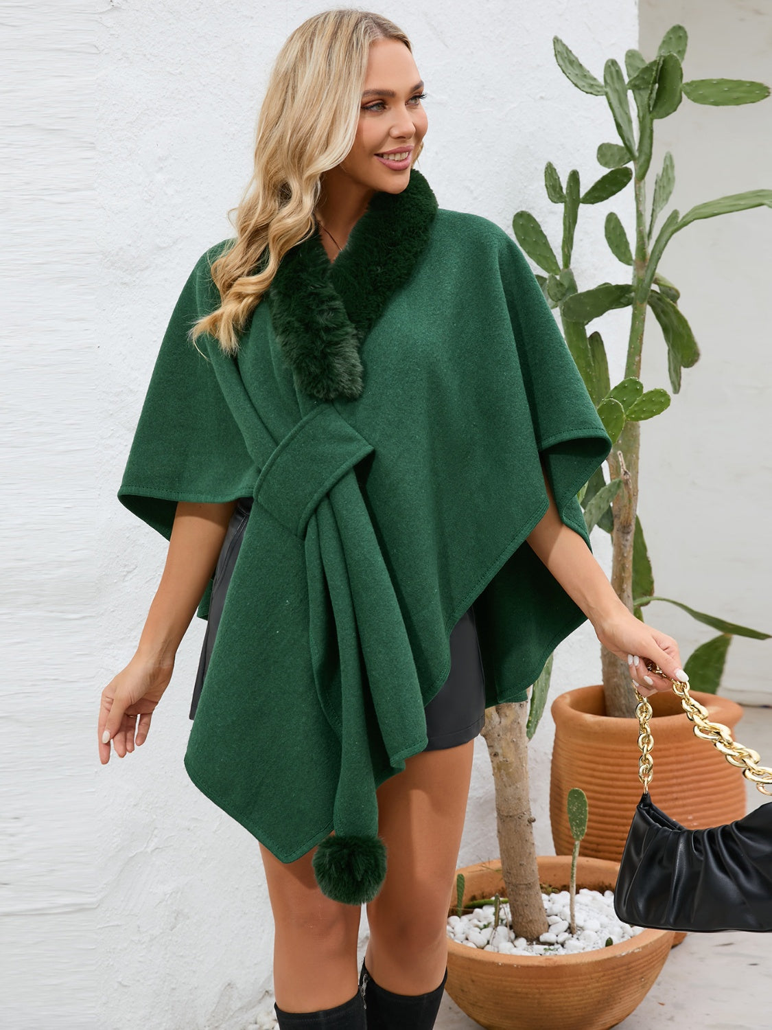 Fuzzy Trim Open Front Poncho - ONE SIZE - T - 6 COLORS -