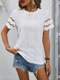 Thumbnail for Full Size Eyelet Round Neck Short Sleeve Top - T - 11 COLORS -