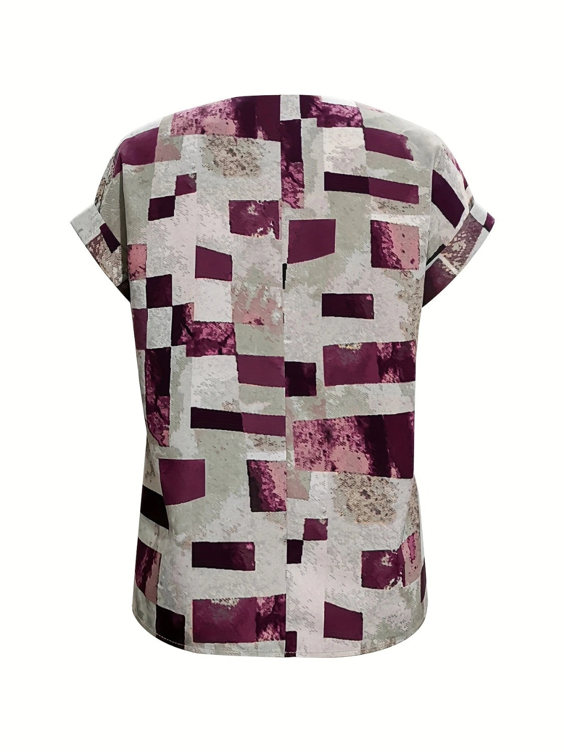 Printed Notched Short Sleeve Blouse - T - 1 COLOR -