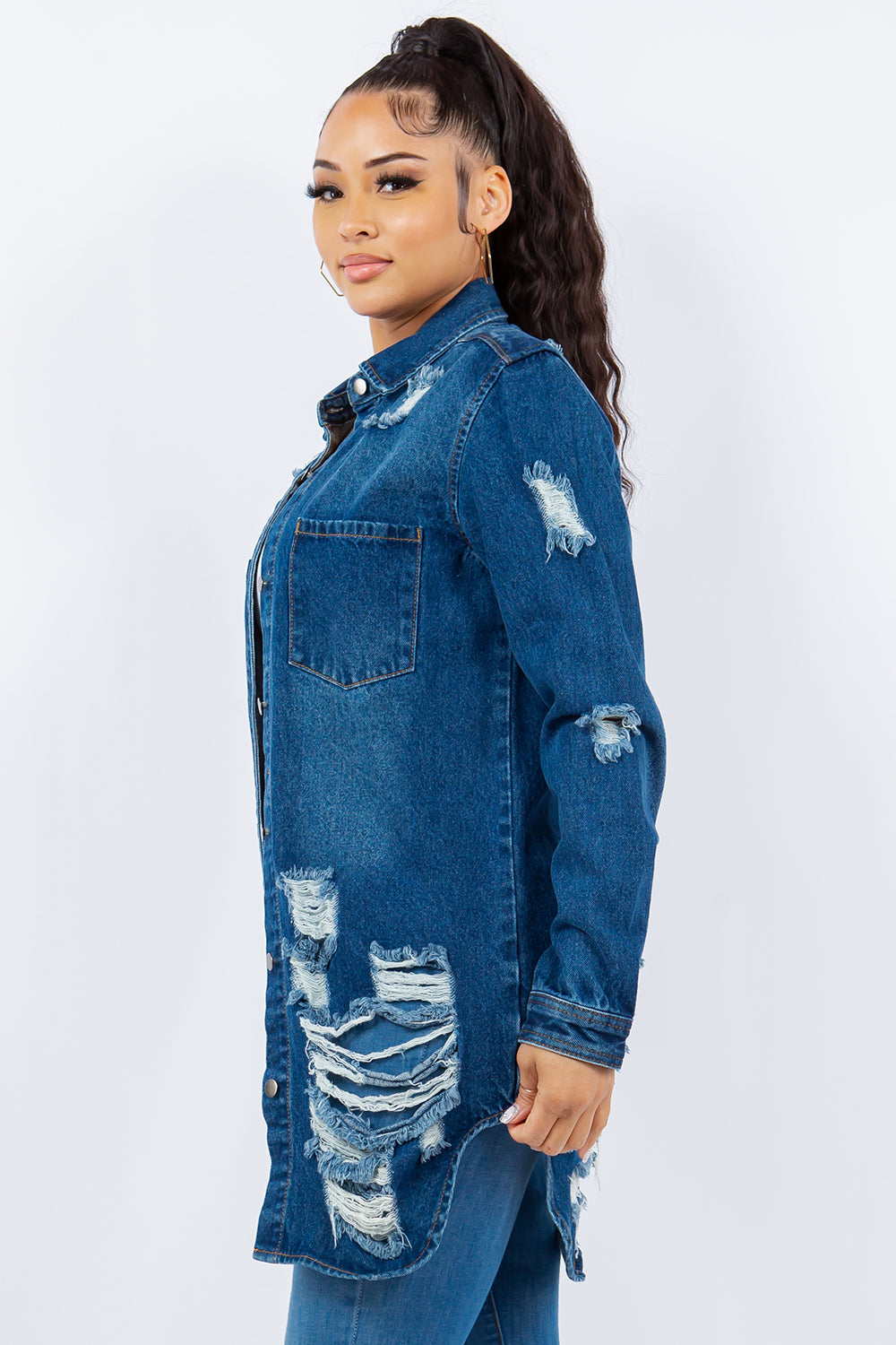 American Bazi Distressed Button Up Long Sleeve Denim Jacket - T - 1 COLOR -