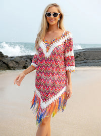 Thumbnail for Fringe V-Neck Half Sleeve Cover-Up - ONE SIZE FITS ALL - T - 2 COLORS -