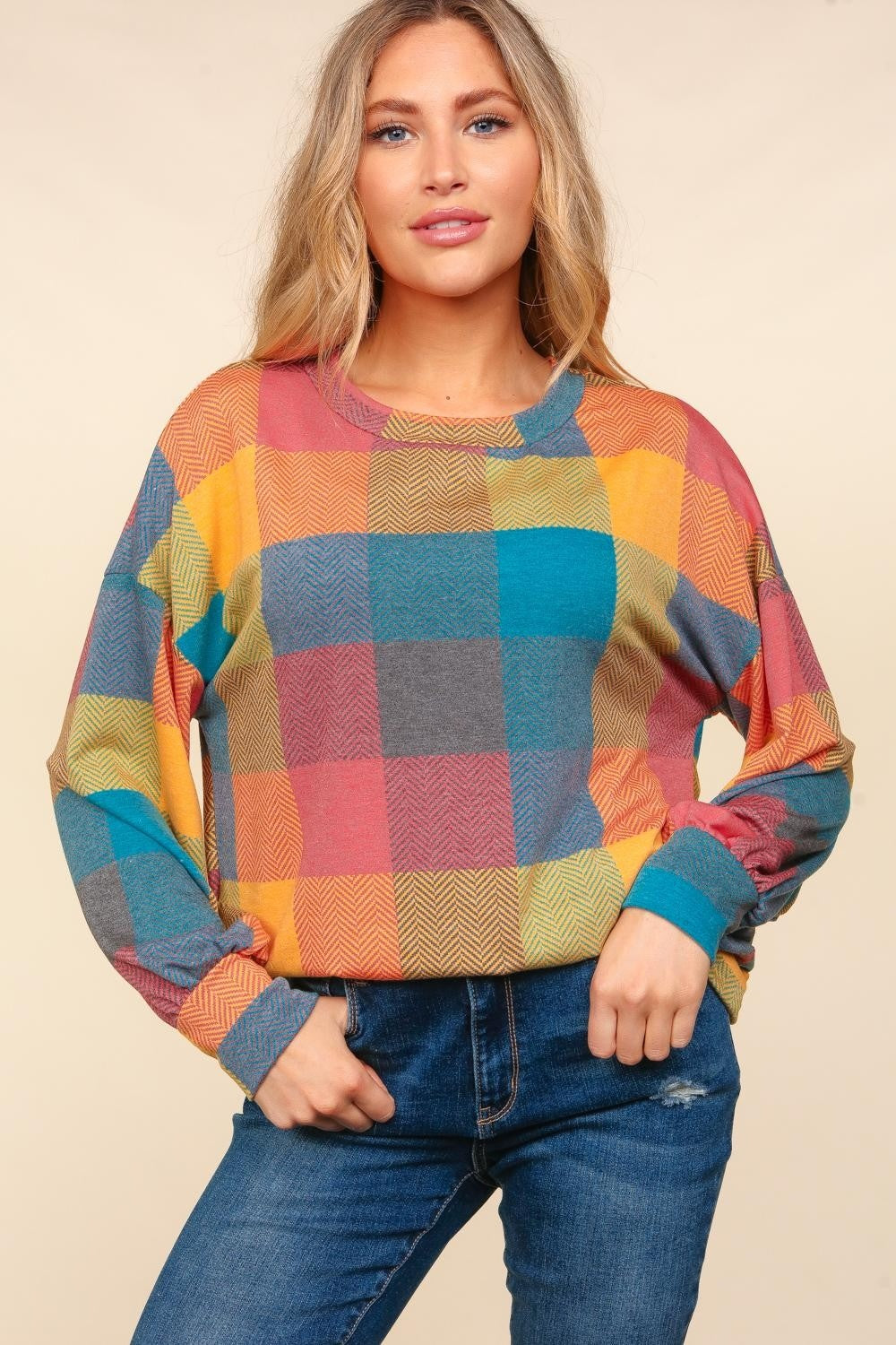 Haptics Round Neck Color Block Plaid Top - 3 SIZES - T - 1 MULTI COLOR -