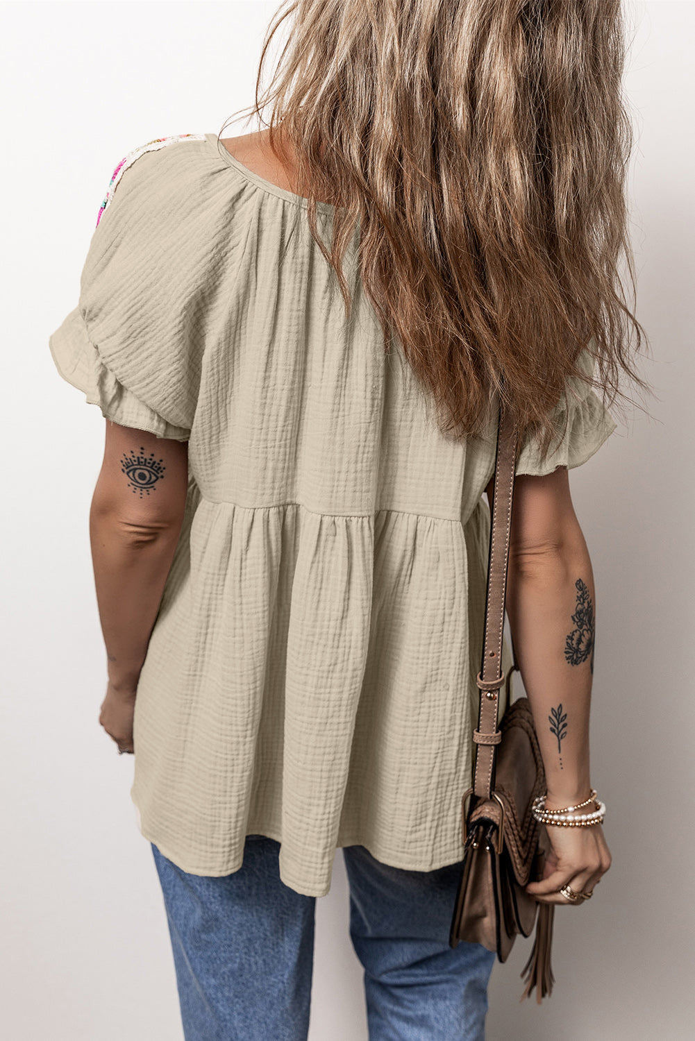 Embroidered Tie Neck Short Sleeve Blouse - K - 1 COLOR -