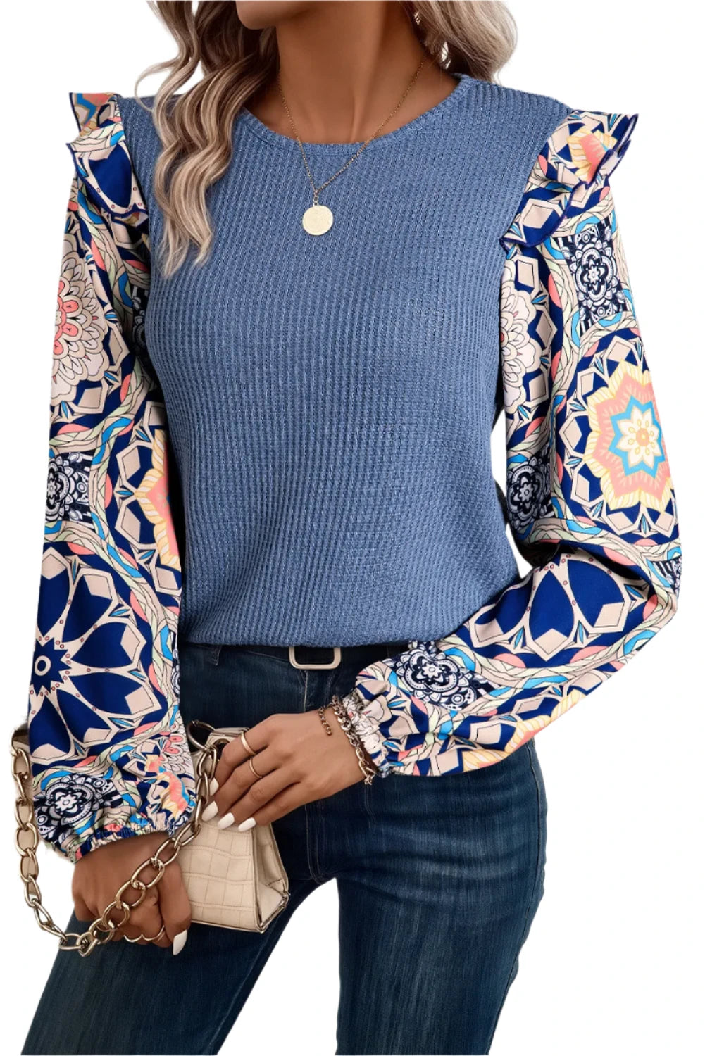 Ruffled Printed Round Neck Long Sleeve Top - T - 1 COLOR -