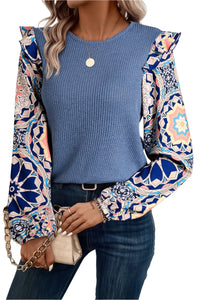 Thumbnail for Ruffled Printed Round Neck Long Sleeve Top - T - 1 COLOR -