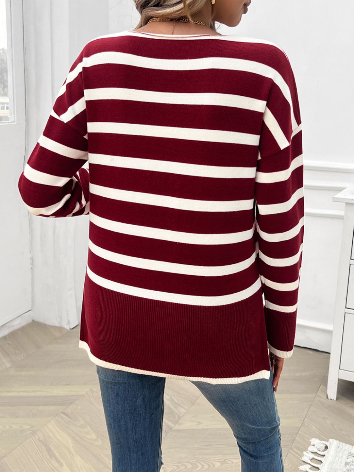 Striped V-Neck Long Sleeve Knit Top - T - 4 COLORS -