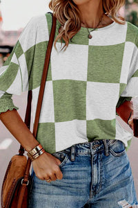 Thumbnail for Checkered Round Neck Lantern Sleeve Top