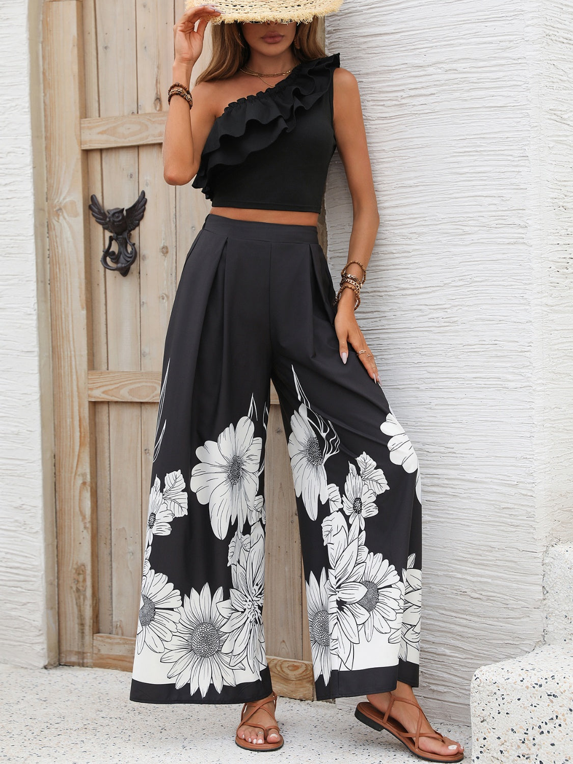 Ruffled Single Shoulder Top and Printed Pants set - 2 PCS. - T - 1 COLOR -