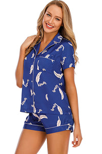 Thumbnail for Printed Button Up Short Sleeve Top and Shorts Lounge Set - 2 PCS. - T - 10 COLORS -