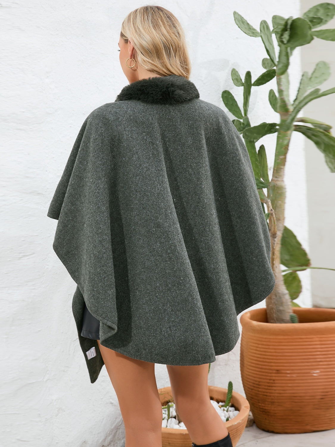 Fuzzy Trim Open Front Poncho - ONE SIZE - T - 6 COLORS -