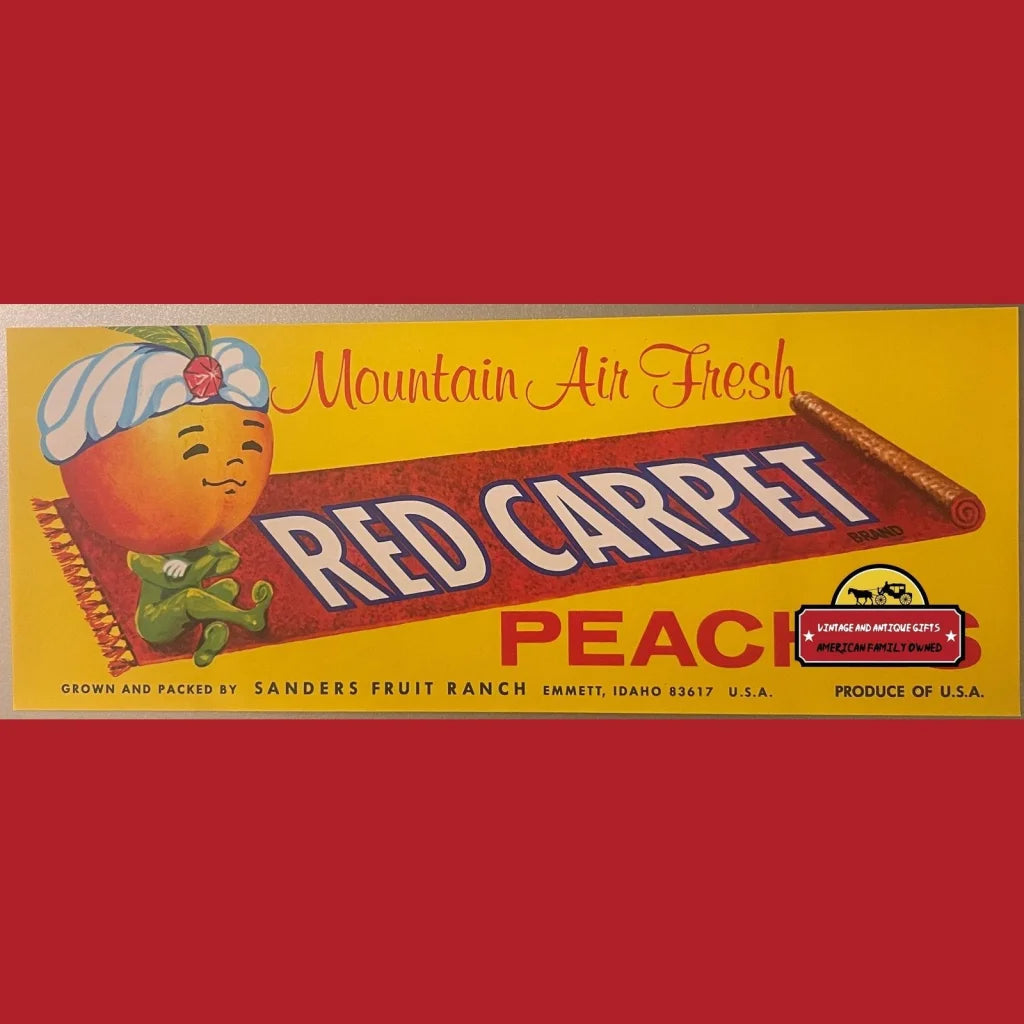 Vintage Red Carpet Crate Label Emmett, Id, 1960s, Peach Genie, Jinn!