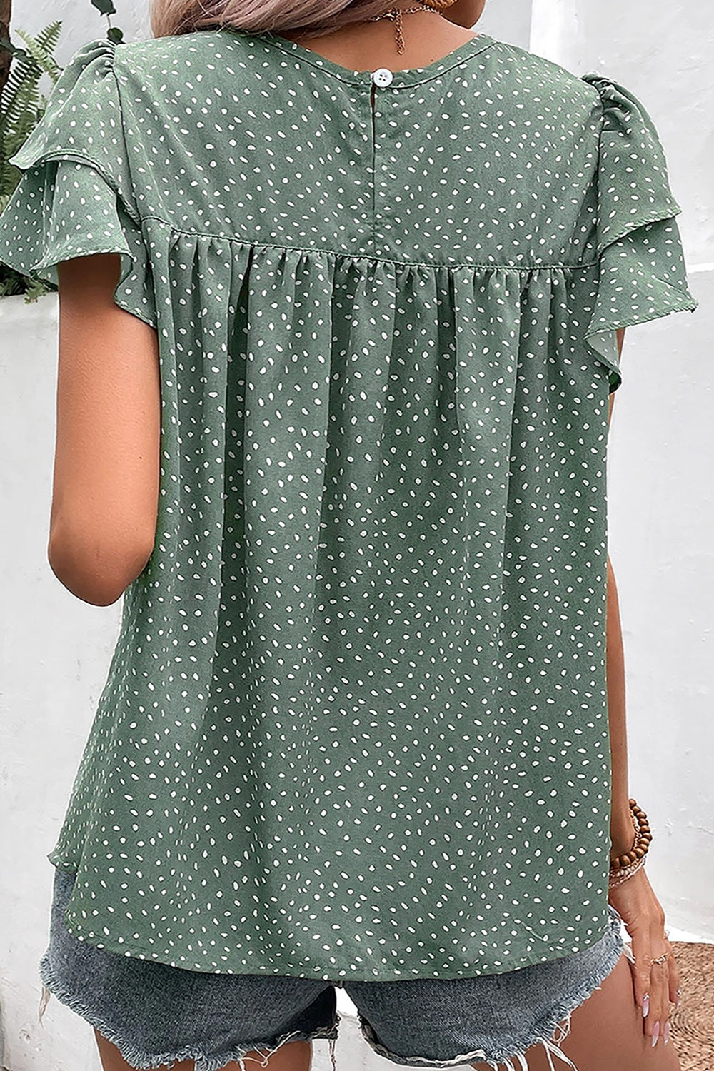 Ruffled Printed Round Neck Cap Sleeve Blouse - T - 1 COLOR -