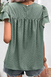 Thumbnail for Ruffled Printed Round Neck Cap Sleeve Blouse - T - 1 COLOR -