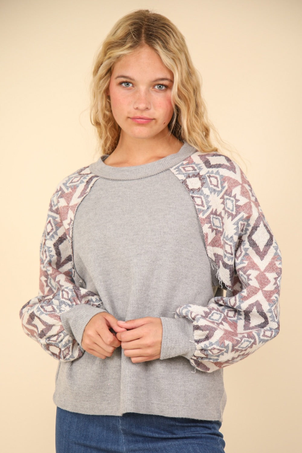 VERY J Printed Long Sleeve Round Neck Knit Top - T - 1 COLOR -