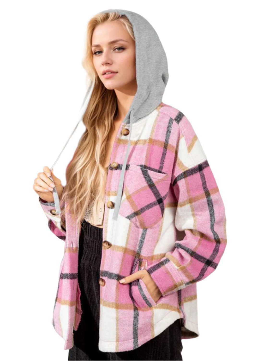 Drawstring Plaid Button Up Long Sleeve Hooded Jacket - T - 2 COLORS -