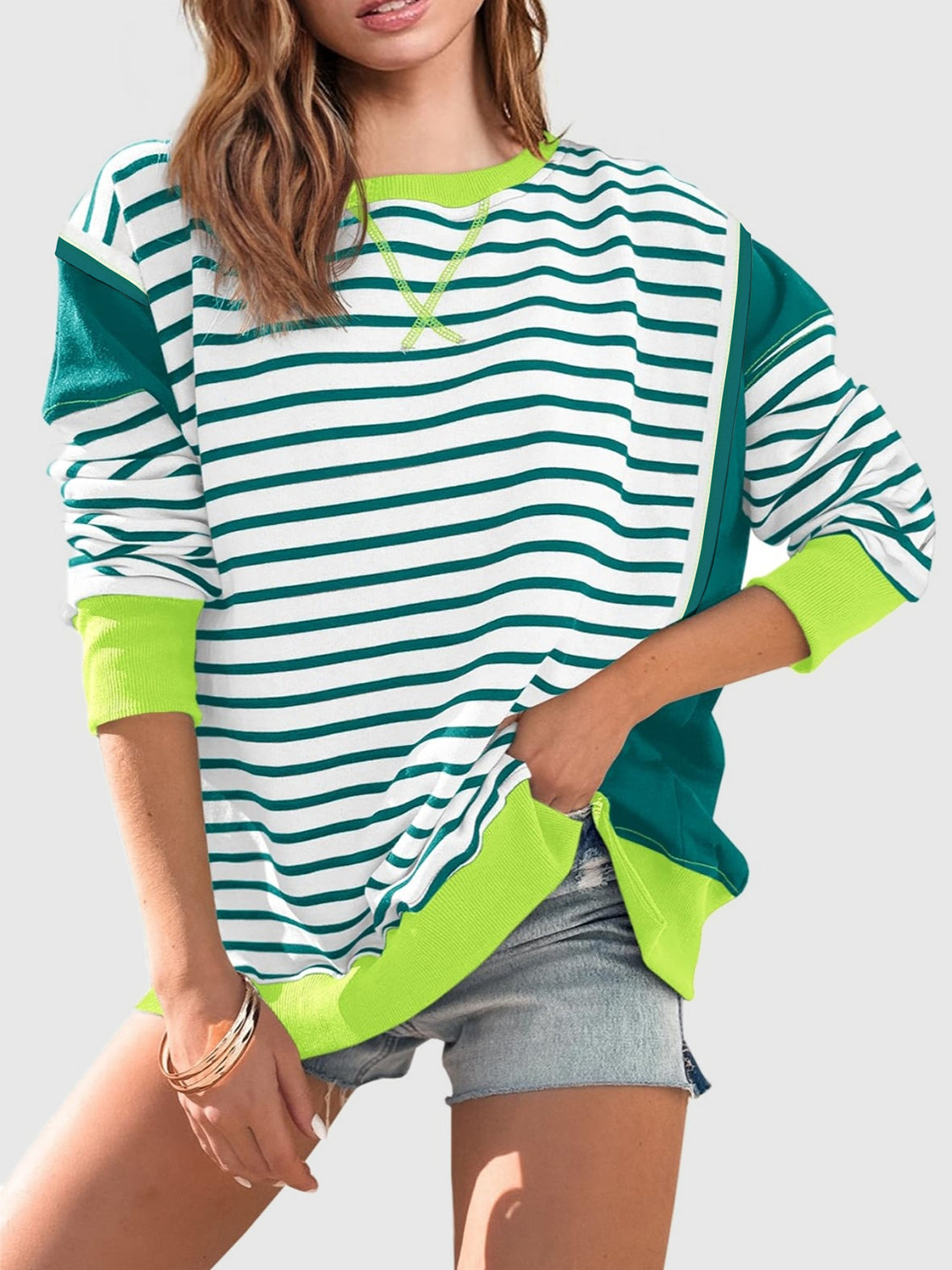 Slit Exposed Seam Striped Long Sleeve Sweatshirt - T - 8 COLORS -