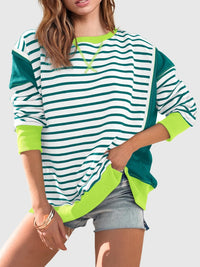 Thumbnail for Slit Exposed Seam Striped Long Sleeve Sweatshirt - T - 8 COLORS -