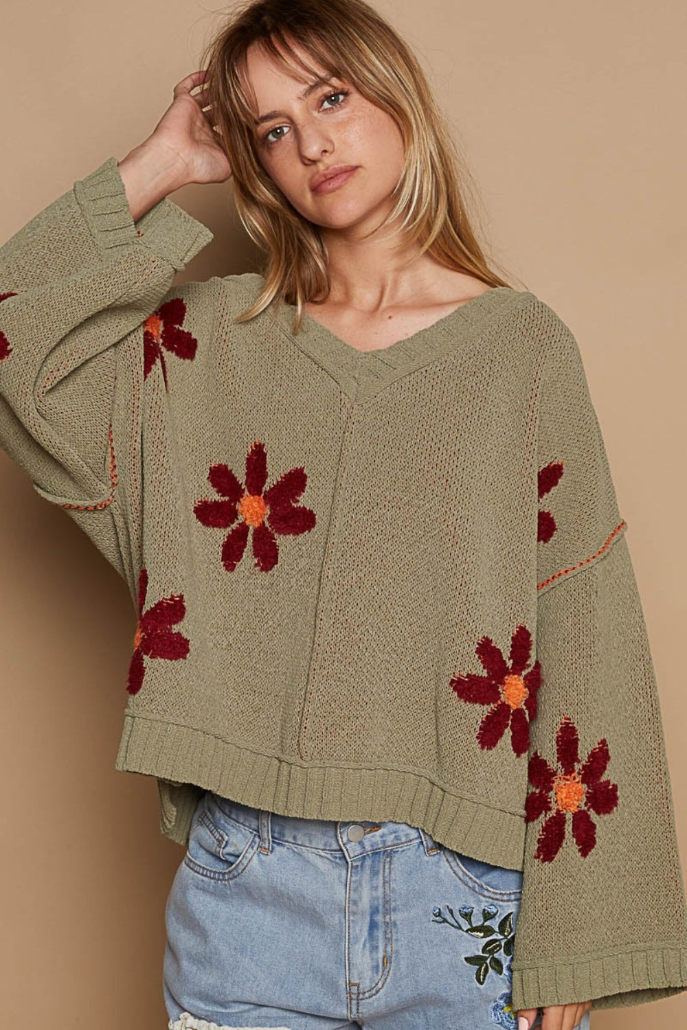 POL V-Neck Floral Pattern Chenille Sweater - 3 SIZES - T - 1 COLOR -