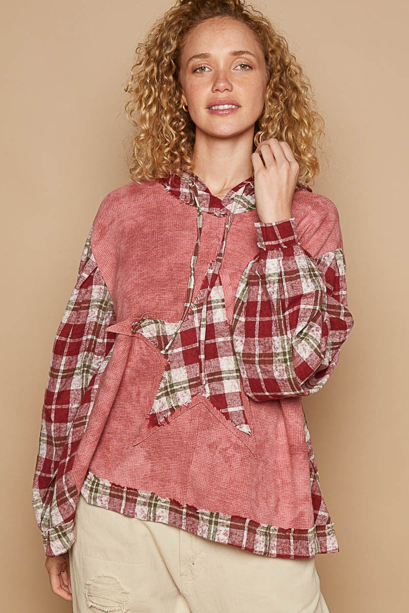 POL Star Patch Plaid Long Sleeve Hooded Top - T - 1 COLOR -