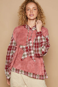 Thumbnail for POL Star Patch Plaid Long Sleeve Hooded Top - T - 1 COLOR -