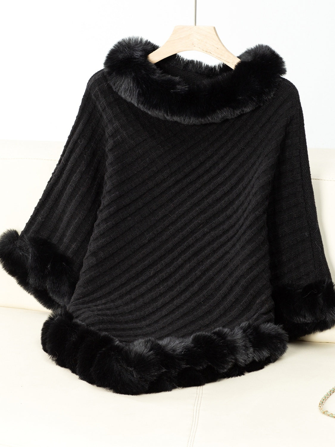 Fuzzy Trim Texture Three-Quarter Sleeve Poncho - 1 SIZE - T - 6 COLORS -