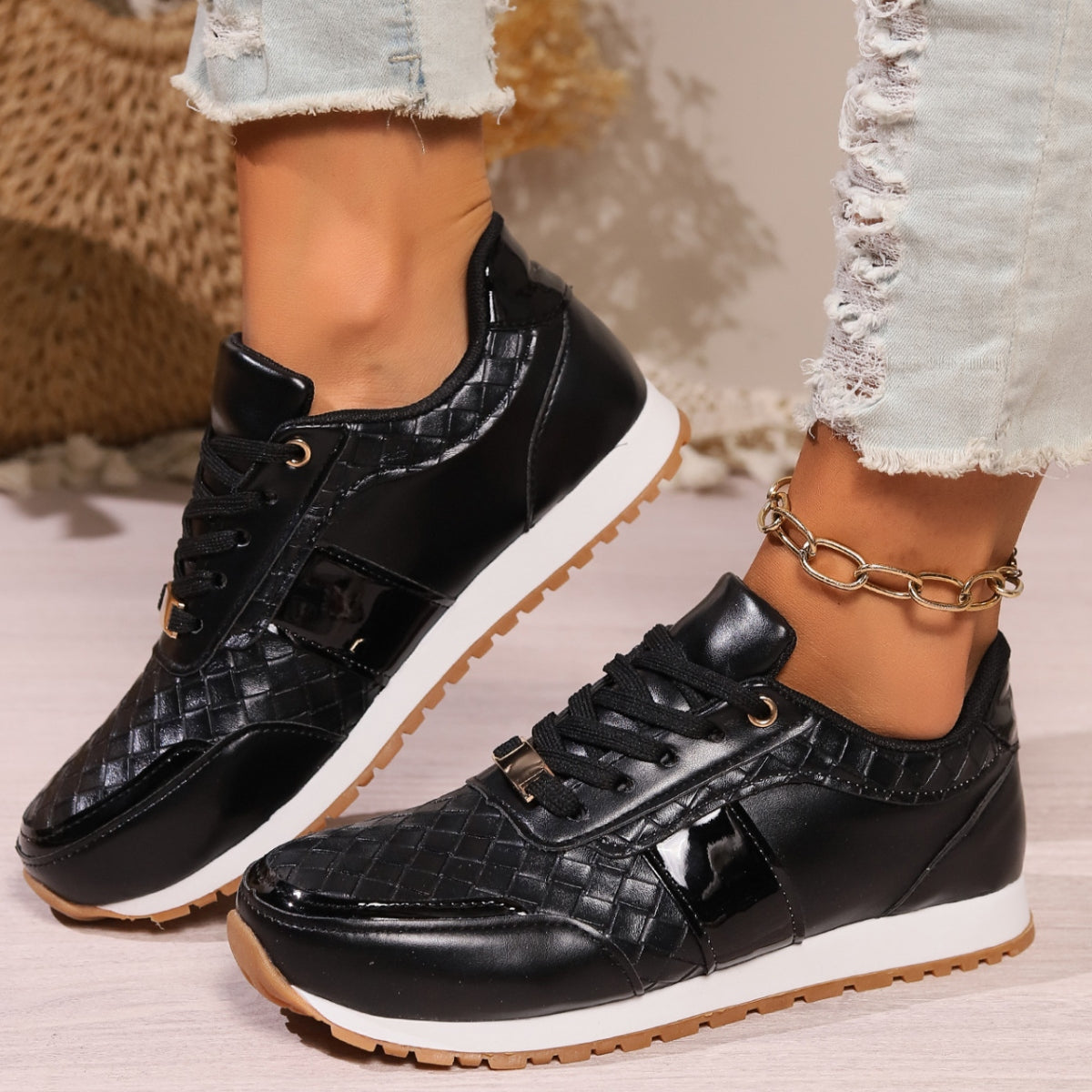 Lace-Up PU Leather Sneakers - T - 3 COLORS -