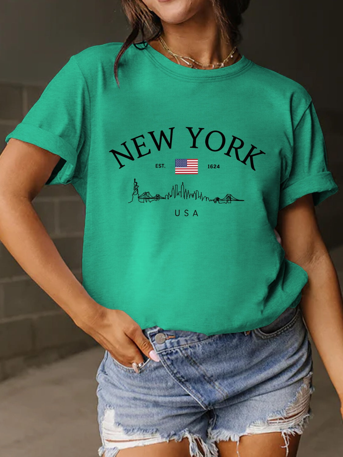 New York Skyline Letter Graphic Round Neck Short Sleeve T-Shirt - 10 COLORS -