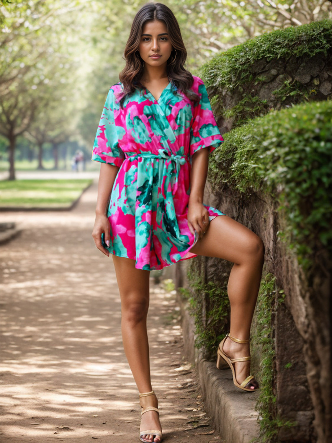 Printed Surplice Half Sleeve Romper - T - 2 COLORS -