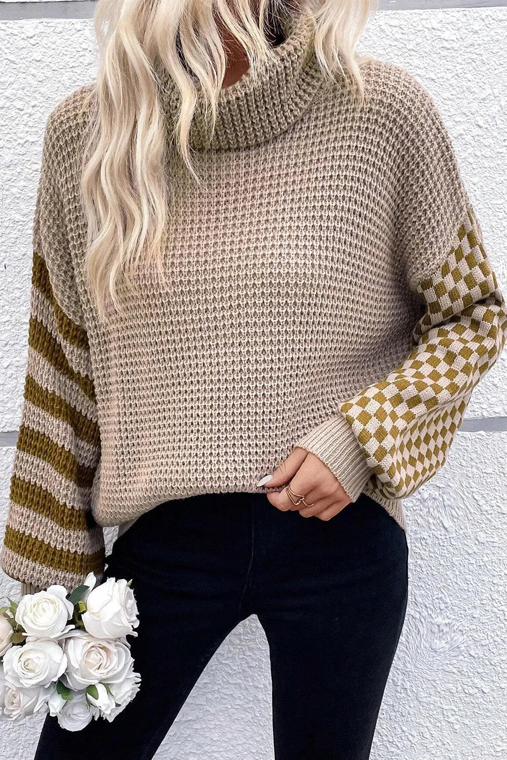 Checkered Striped Turtleneck Long Sleeve Sweater - T - 2 COLORS -