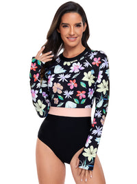 Thumbnail for Flower Round Neck Long Sleeve One-Piece Swimwear - T - 1 COLOR -