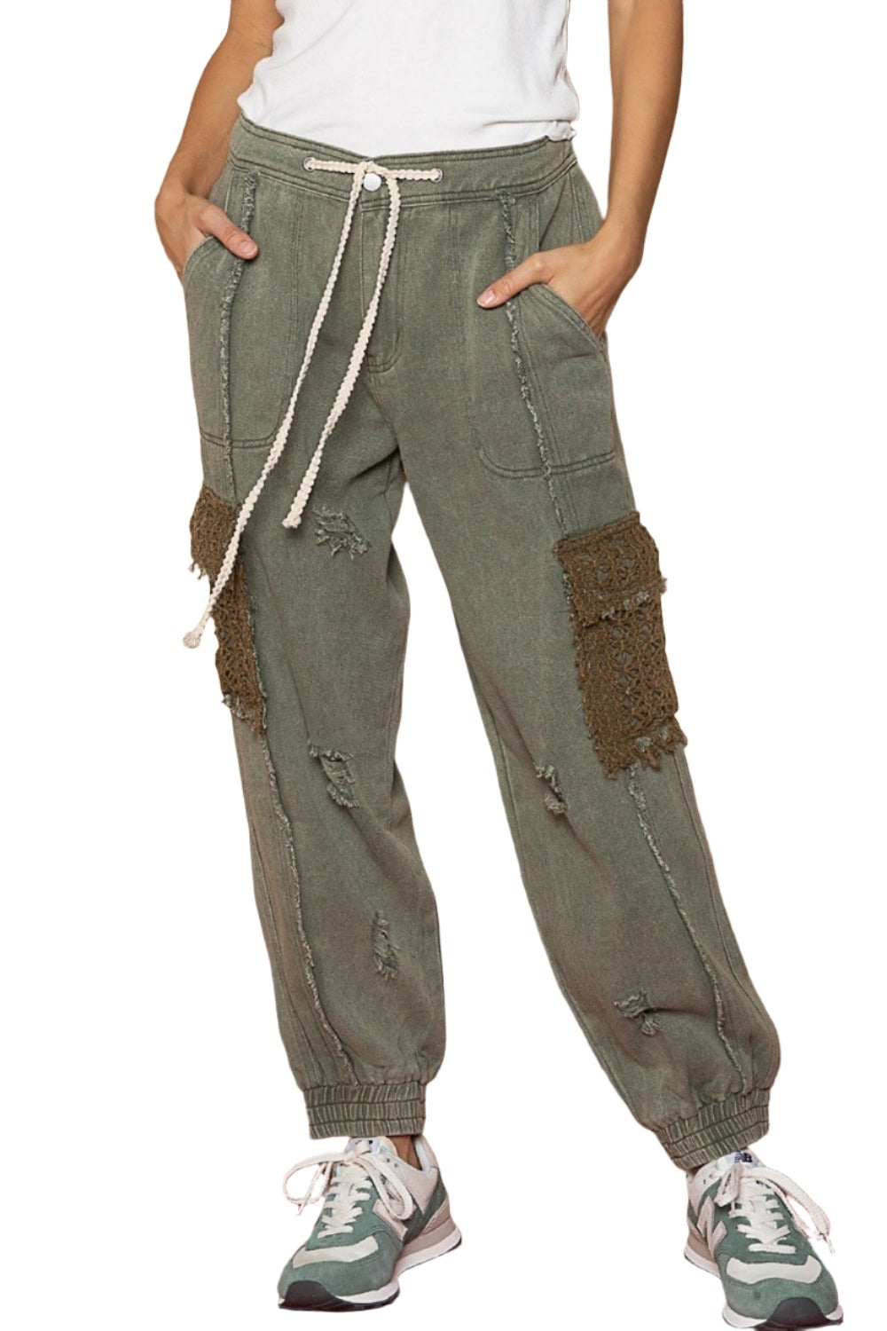 POL Distressed Cargo Denim Jogger with Crochet Pockets - T - 1 COLOR -