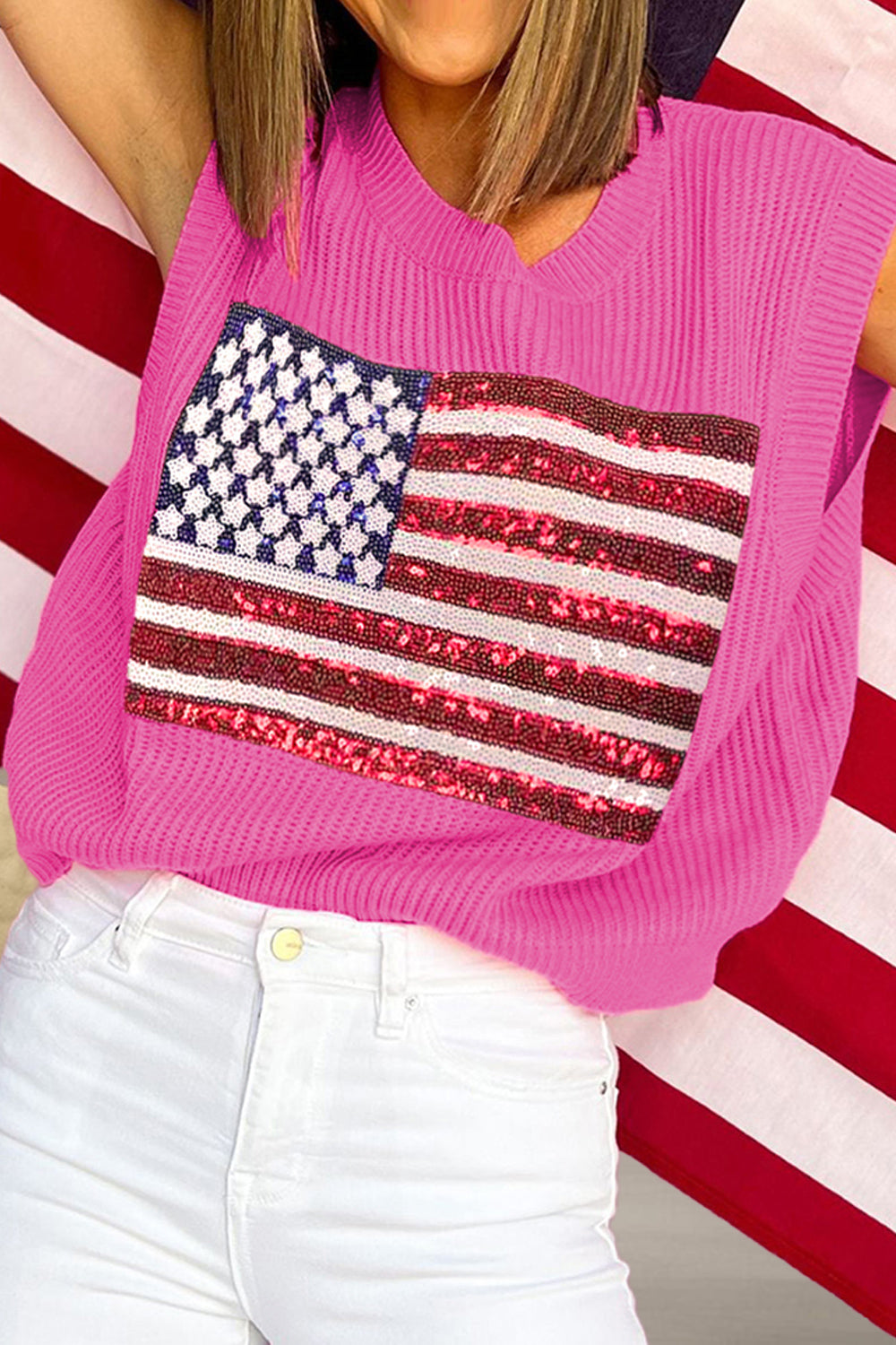 Sequin US Flag Round Neck Sweater Vest - T - 2 COLORS -