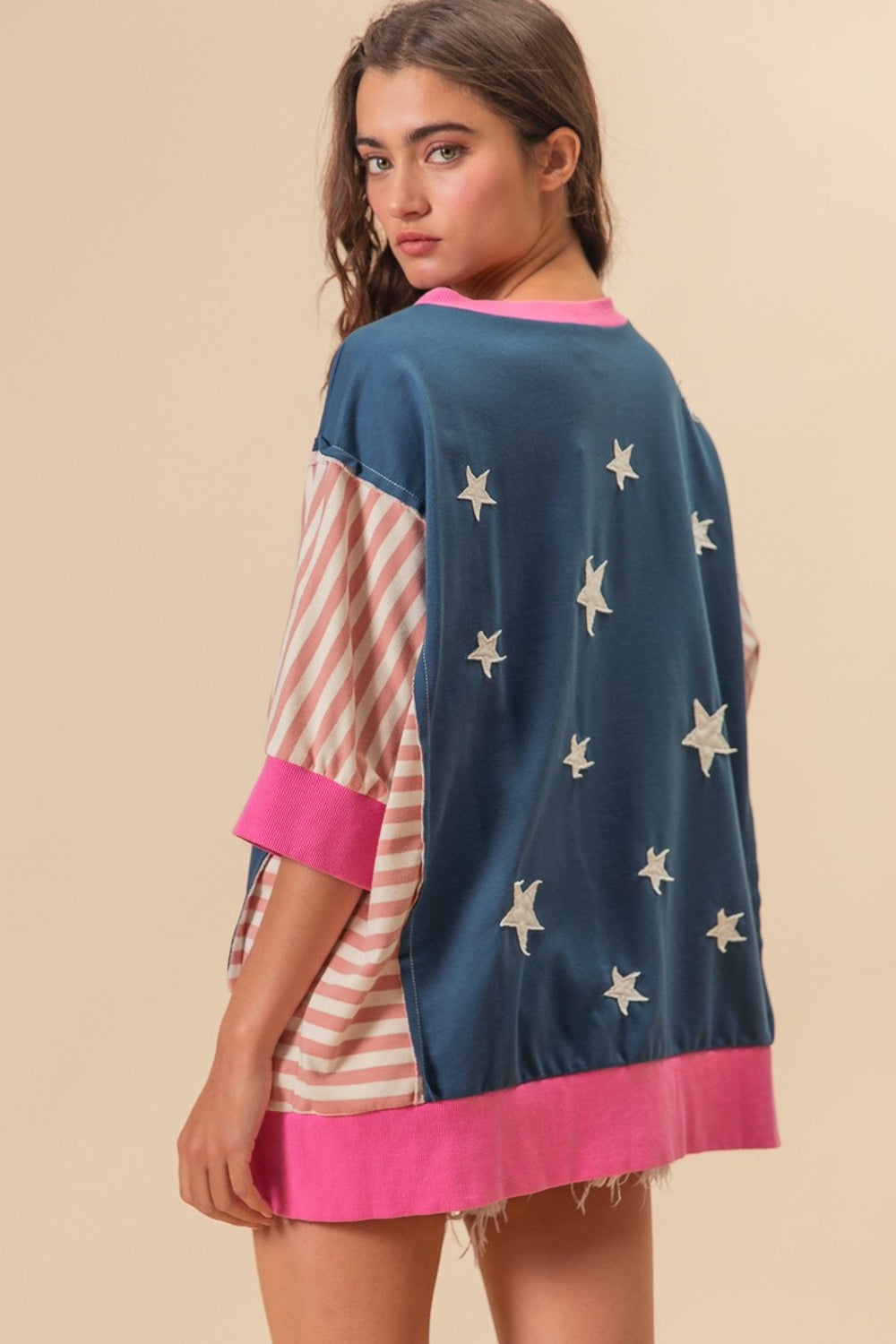 BiBi US Flag Theme Color Block Star Patch T-Shirt - T - 1 COLOR -