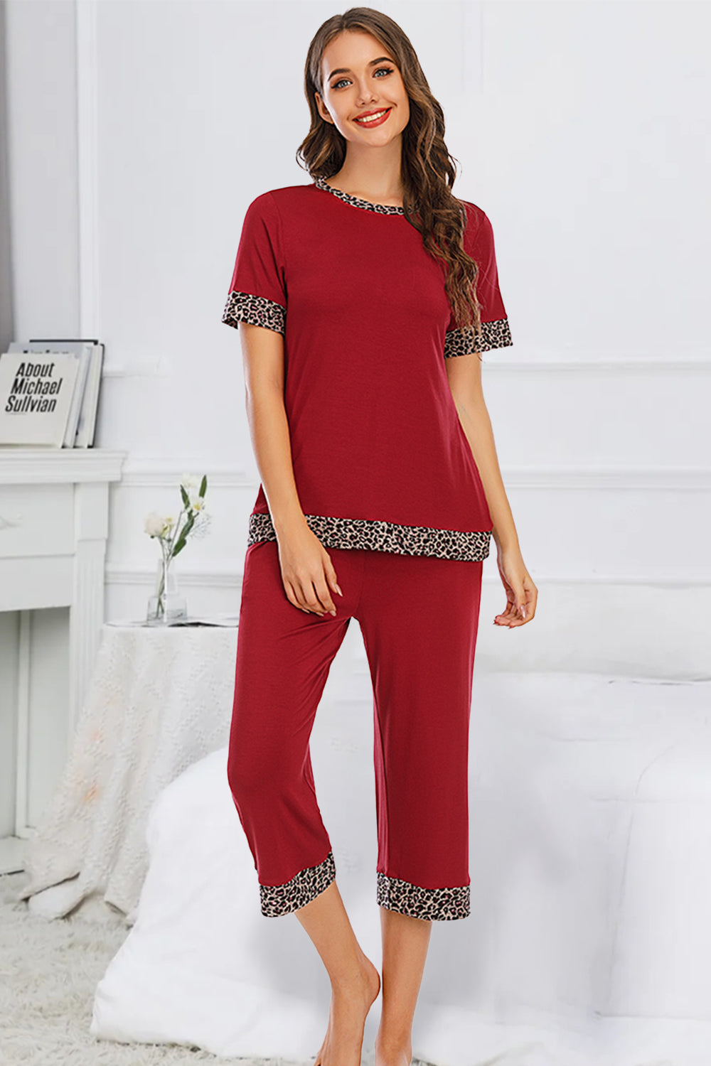 Round Neck Short Sleeve Top and Capris Pants Lounge Set - 2 PCS. - T - 3 COLORS -