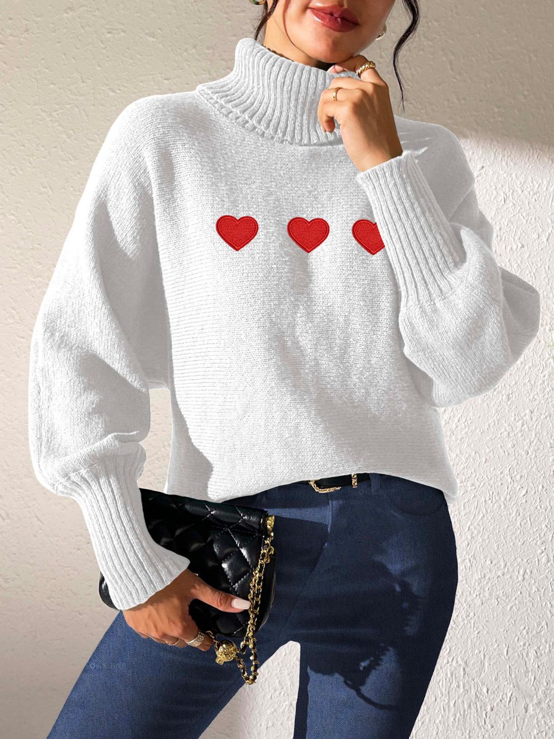 Heart Turtleneck Long Sleeve Sweater - T - 4 COLORS -