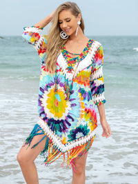 Thumbnail for Fringe V-Neck Three-Quarter Sleeve Cover Up - 1 SIZE FITS ALL - T - 1 COLOR -