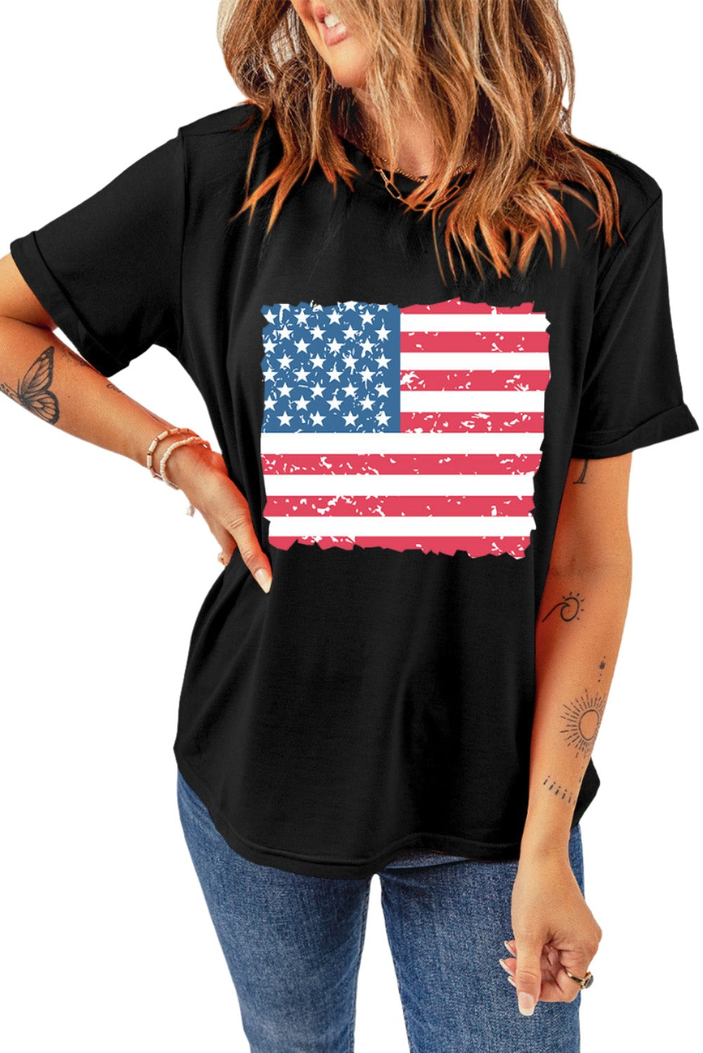 USA Flag Round Neck Short Sleeve T-Shirt - T - 1 COLOR -