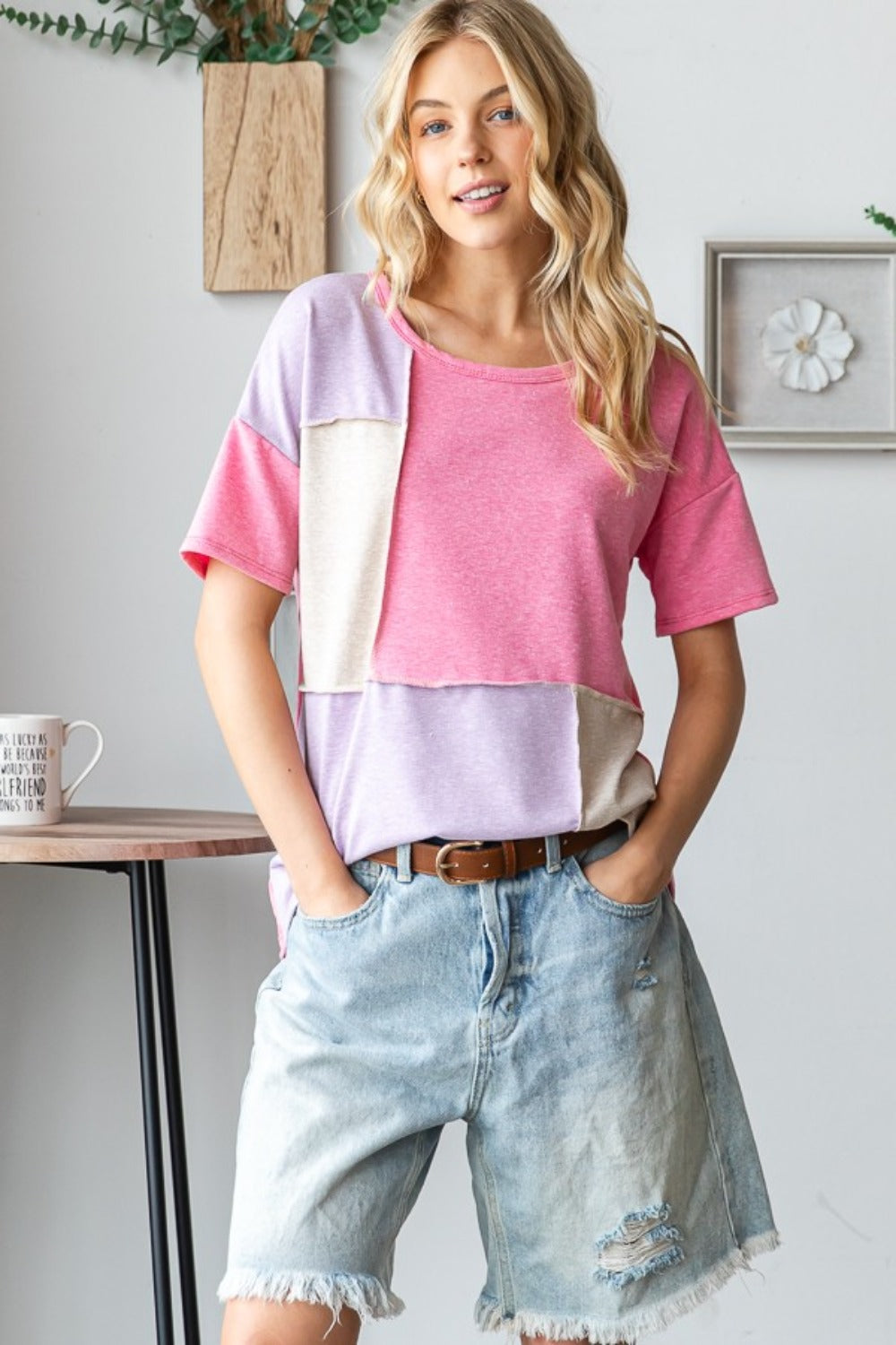 HOPELY Full Size Color Block Exposed Seam T-Shirt - T - 1 COLOR -